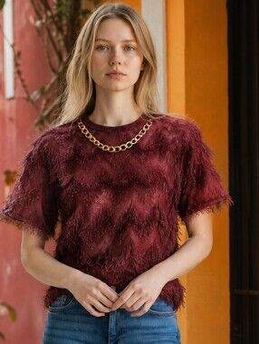 Nwt CIEN Wine Fringed Chevron  Design Shortsleeve Top w/Gold Chain Accent
